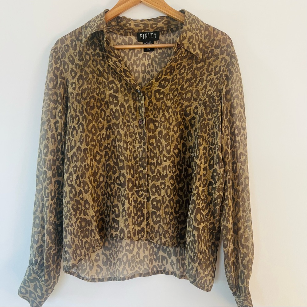 Chic Finity Brown and Black SILK Sheer Button Down Shirt with Notched Collar
